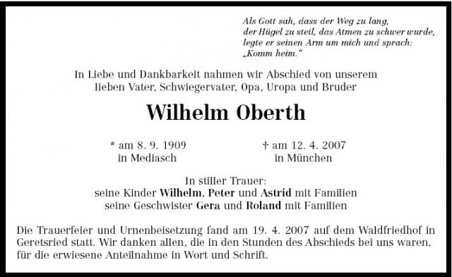 Oberth Wilhelm 1909-2007 Todesanzeige